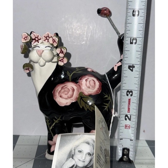 Vintage 2003 Annaco Creations Amy Lacombe Black & Pink Roses Kitty w/Ladybug EUC - Picture 5 of 6